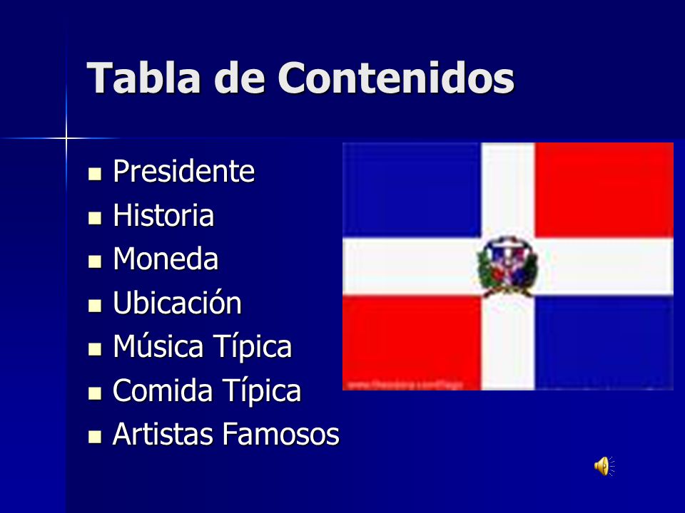 Tabla de Contenidos Presidente Historia Moneda Ubicación Música Típica