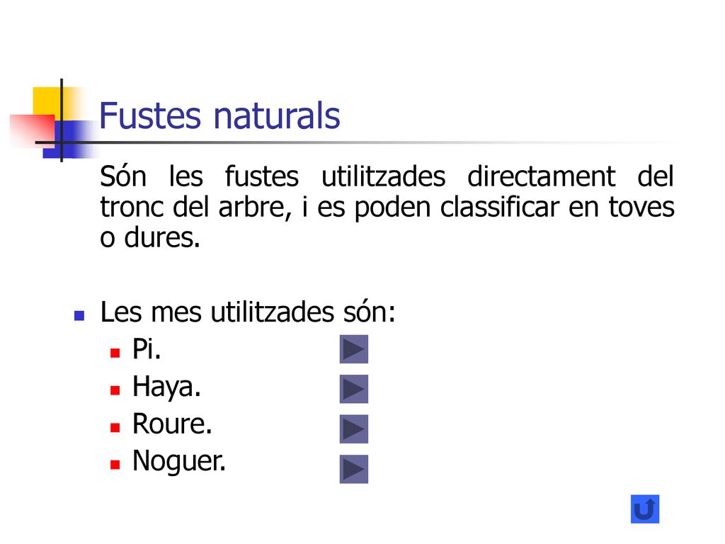 Fustes naturals Són les fustes utilitzades directament del tronc del arbre, i es poden classificar en toves o dures.