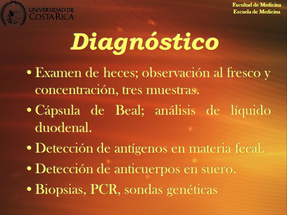 Facultad de Medicina Escuela de Medicina. Diagnóstico. Examen de heces; observación al fresco y concentración, tres muestras.