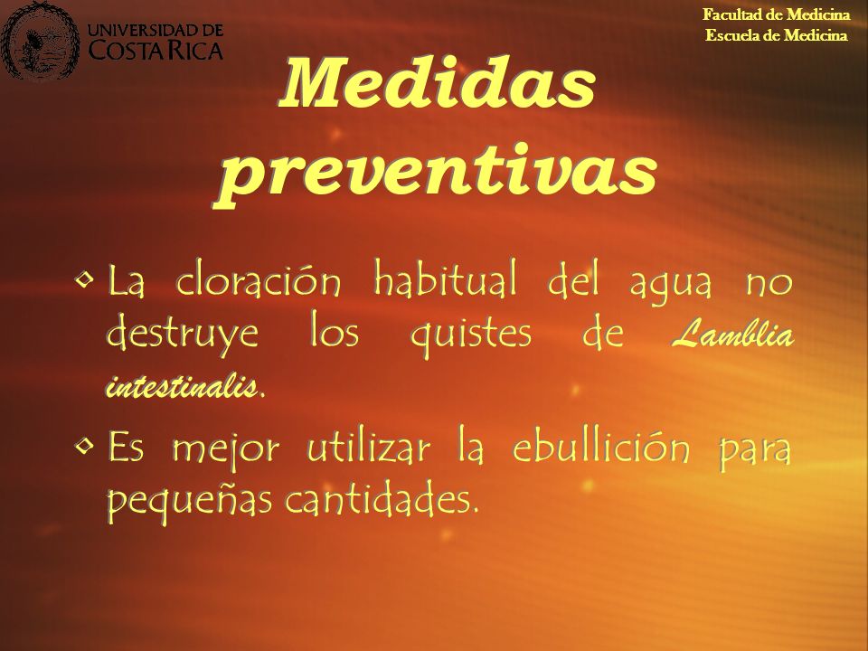 Facultad de Medicina Escuela de Medicina. Medidas preventivas. La cloración habitual del agua no destruye los quistes de Lamblia intestinalis.