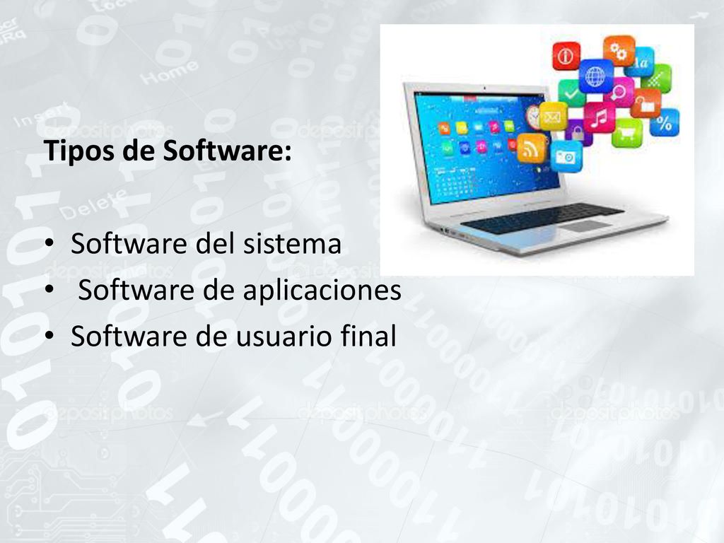 Tipos de Software: Software del sistema Software de aplicaciones Software de usuario final
