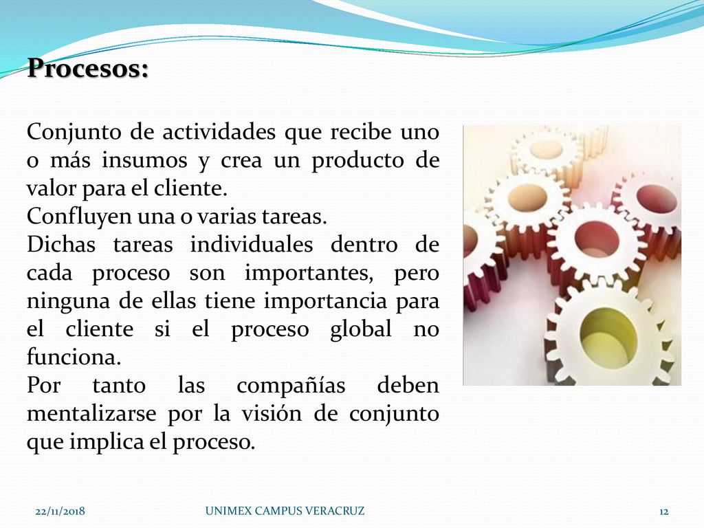 Procesos: Conjunto de actividades que recibe uno o más insumos y crea un producto de valor para el cliente.