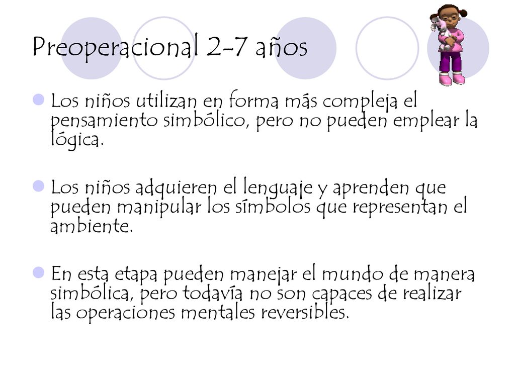 Preoperacional 2-7 años Los niños utilizan en forma más compleja el pensamiento simbólico, pero no pueden emplear la lógica.