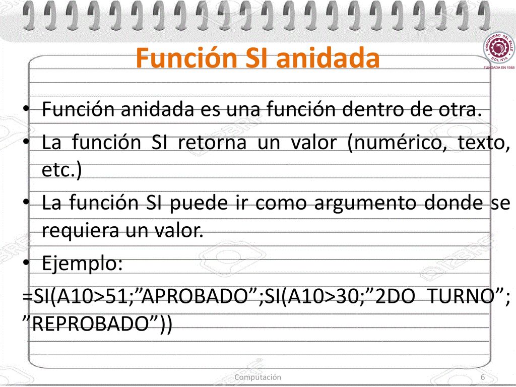 Función SI anidada Función anidada es una función dentro de otra.