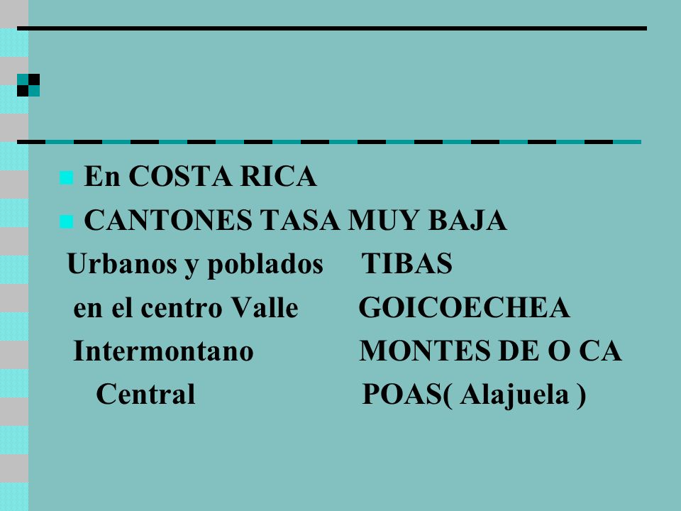 En COSTA RICA CANTONES TASA MUY BAJA. Urbanos y poblados TIBAS. en el centro Valle GOICOECHEA.