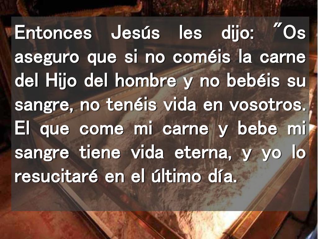 Entonces Jesús les dijo: Os aseguro que si no coméis la carne del Hijo del hombre y no bebéis su sangre, no tenéis vida en vosotros.