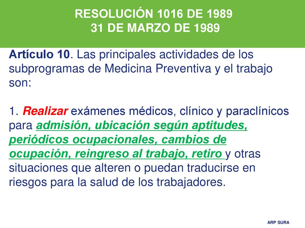RESOLUCIÓN 1016 DE DE MARZO DE Artículo 10. Las principales actividades de los subprogramas de Medicina Preventiva y el trabajo son: