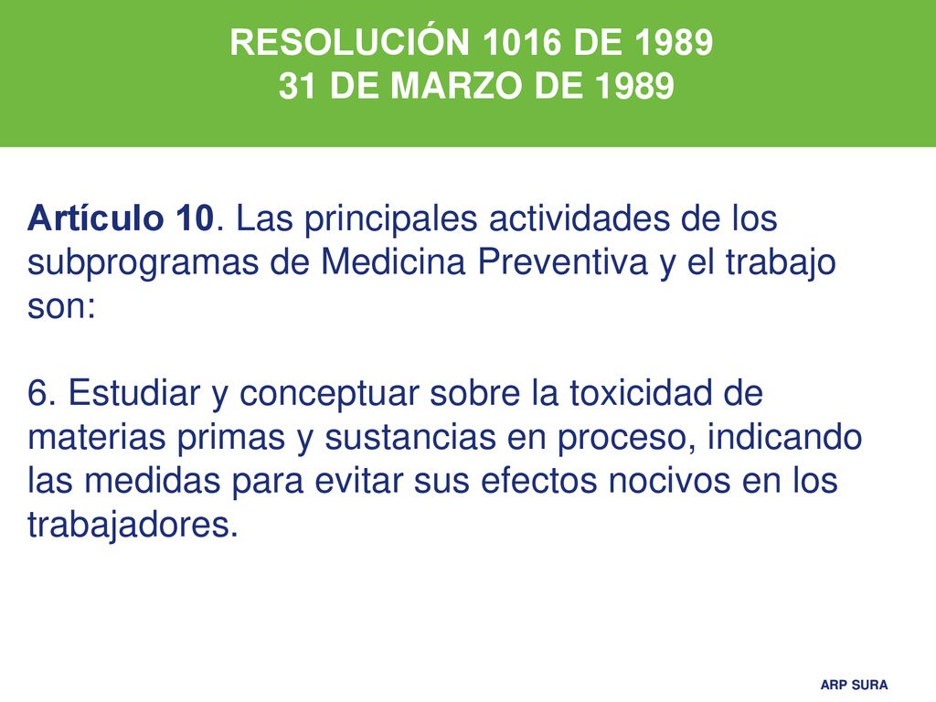 RESOLUCIÓN 1016 DE DE MARZO DE Artículo 10. Las principales actividades de los subprogramas de Medicina Preventiva y el trabajo son: