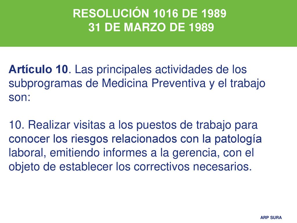 RESOLUCIÓN 1016 DE DE MARZO DE Artículo 10. Las principales actividades de los subprogramas de Medicina Preventiva y el trabajo son: