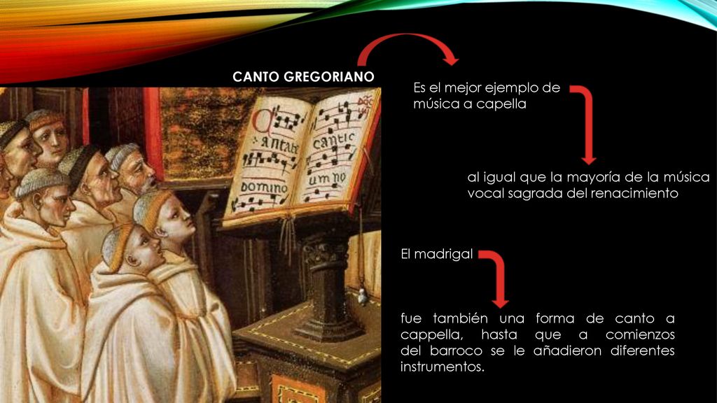 CANTO GREGORIANO Es el mejor ejemplo de música a capella. al igual que la mayoría de la música vocal sagrada del renacimiento.