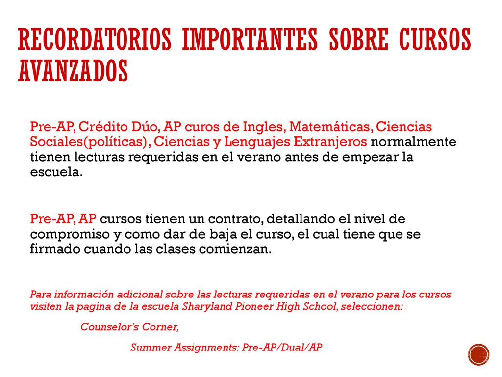 Recordatorios importantes sobre cursos avanzados