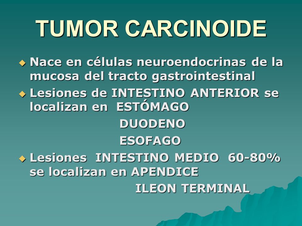 TUMOR CARCINOIDE Nace en células neuroendocrinas de la mucosa del tracto gastrointestinal. Lesiones de INTESTINO ANTERIOR se localizan en ESTÓMAGO.