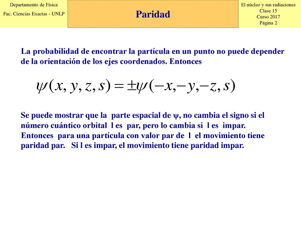 Paridad La probabilidad de encontrar la partícula en un punto no puede depender de la orientación de los ejes coordenados. Entonces.
