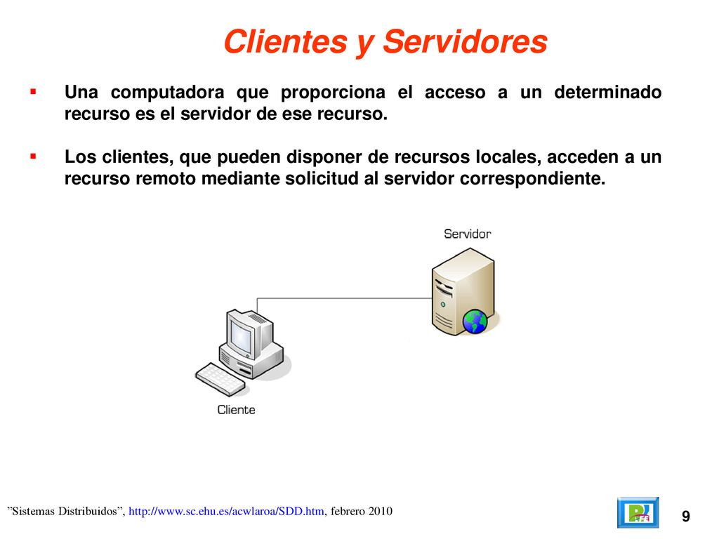 Clientes y Servidores Una computadora que proporciona el acceso a un determinado recurso es el servidor de ese recurso.