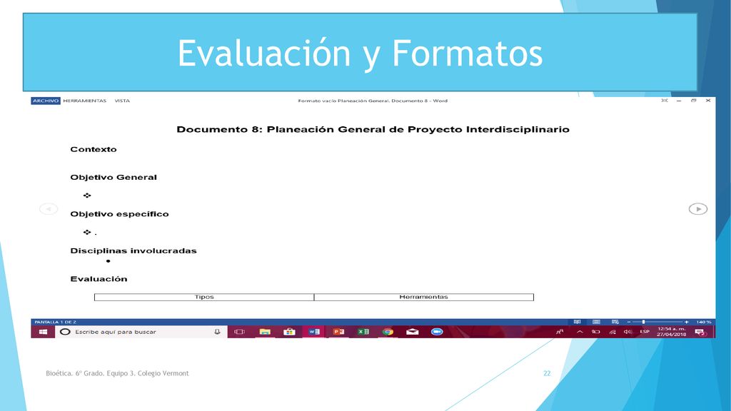 Evaluación y Formatos Bioética. 6º Grado. Equipo 3. Colegio Vermont