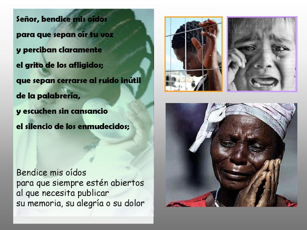 Señor, bendice mis oídos para que sepan oír tu voz y perciban claramente el grito de los afligidos; que sepan cerrarse al ruido inútil
