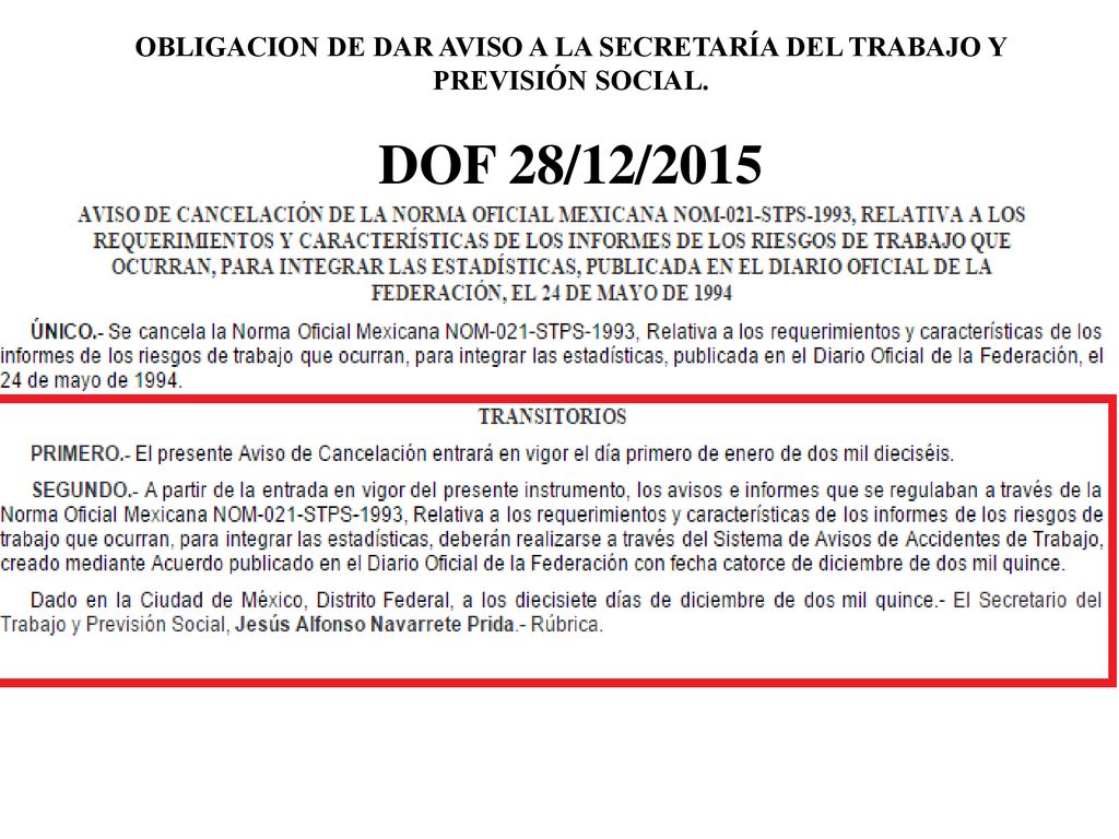 OBLIGACION DE DAR AVISO A LA SECRETARÍA DEL TRABAJO Y PREVISIÓN SOCIAL.