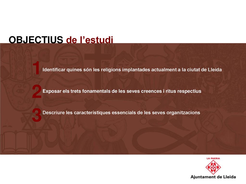 OBJECTIUS de l’estudi 1. Identificar quines són les religions implantades actualment a la ciutat de Lleida.