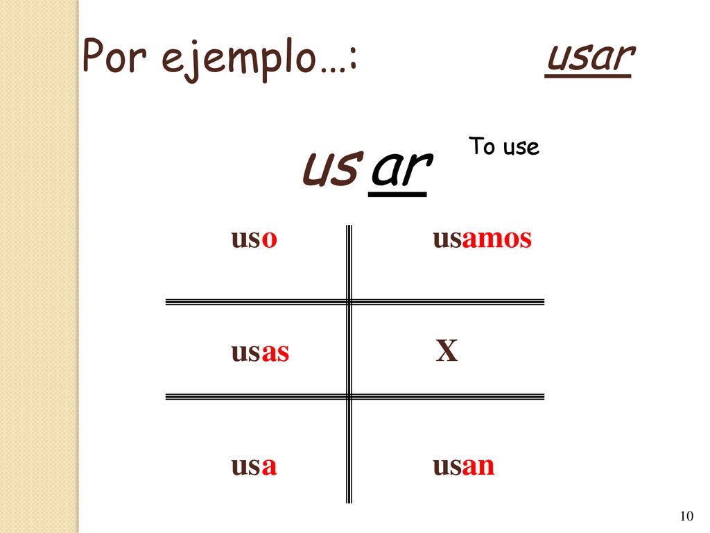 Por ejemplo…: usar us ar To use us X o as a amos an