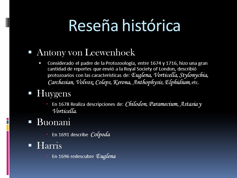 Reseña histórica Antony von Leewenhoek Huygens Buonani Harris