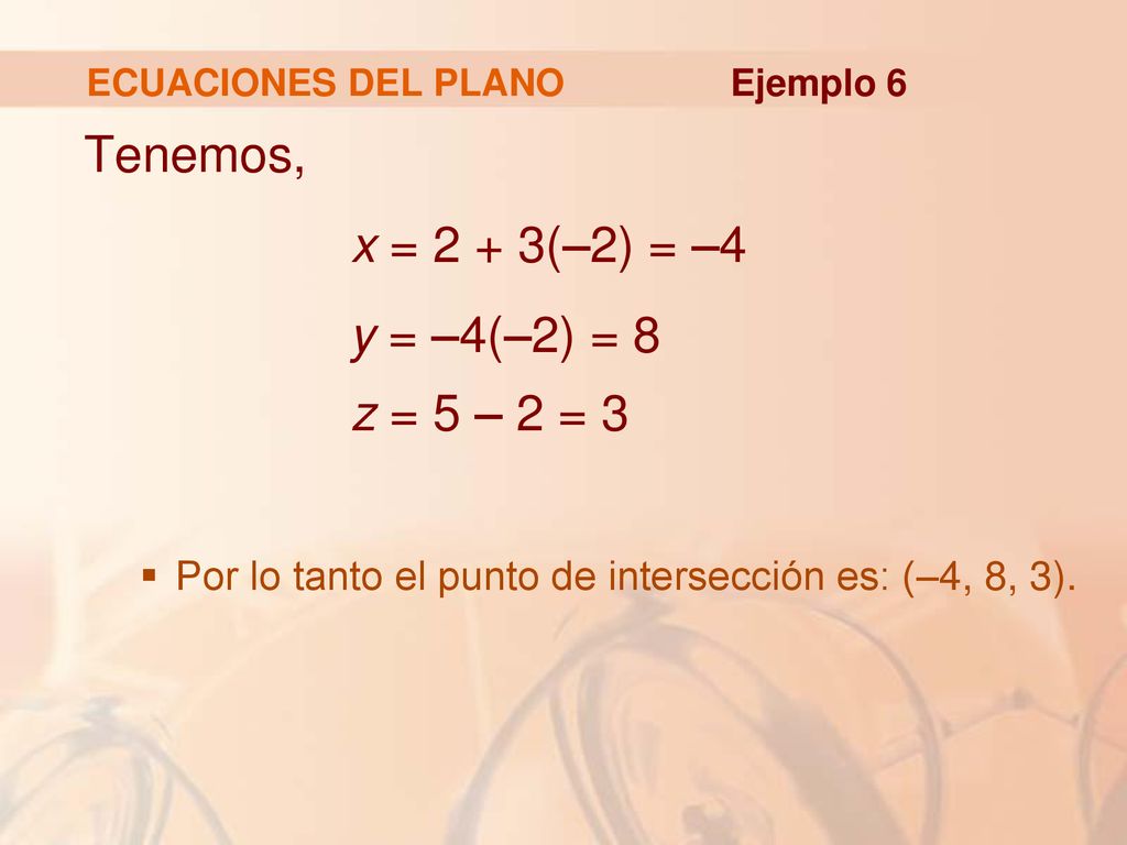 Tenemos, x = 2 + 3(–2) = –4 y = –4(–2) = 8 z = 5 – 2 = 3