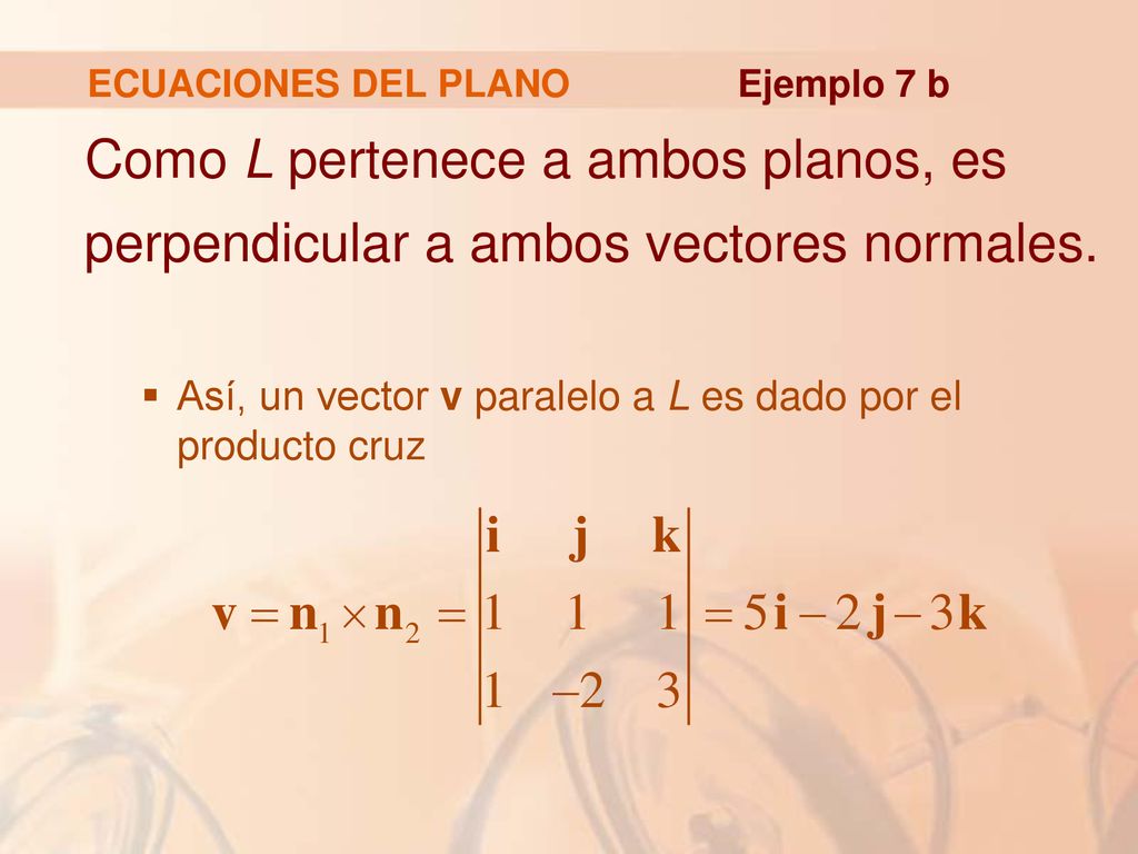 ECUACIONES DEL PLANO Ejemplo 7 b. Como L pertenece a ambos planos, es perpendicular a ambos vectores normales.