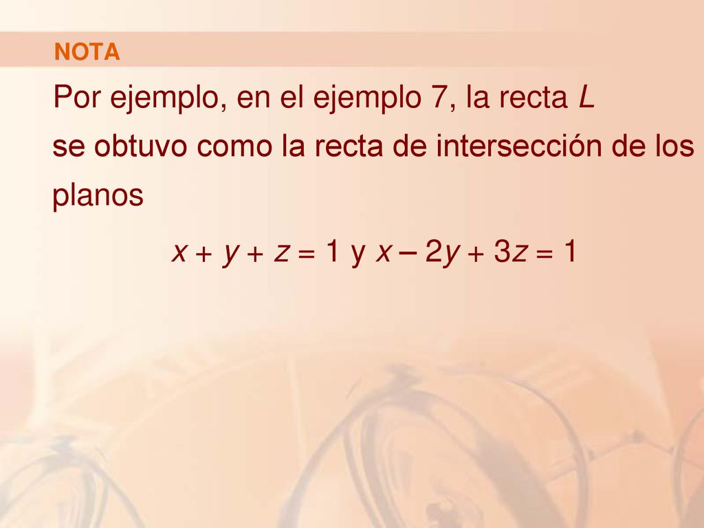 NOTA Por ejemplo, en el ejemplo 7, la recta L se obtuvo como la recta de intersección de los planos.