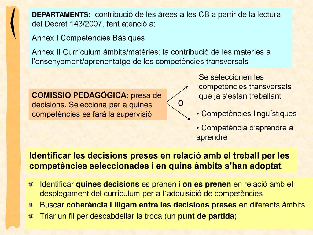 DEPARTAMENTS: contribució de les àrees a les CB a partir de la lectura del Decret 143/2007, fent atenció a: