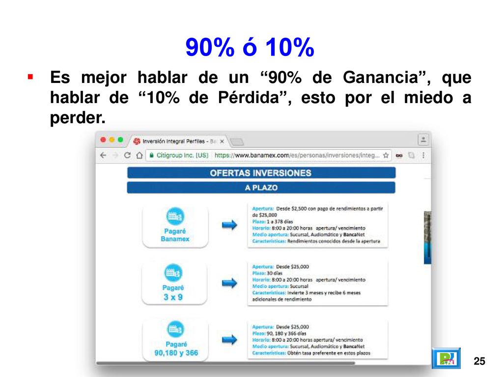 90% ó 10% Es mejor hablar de un 90% de Ganancia , que hablar de 10% de Pérdida , esto por el miedo a perder.