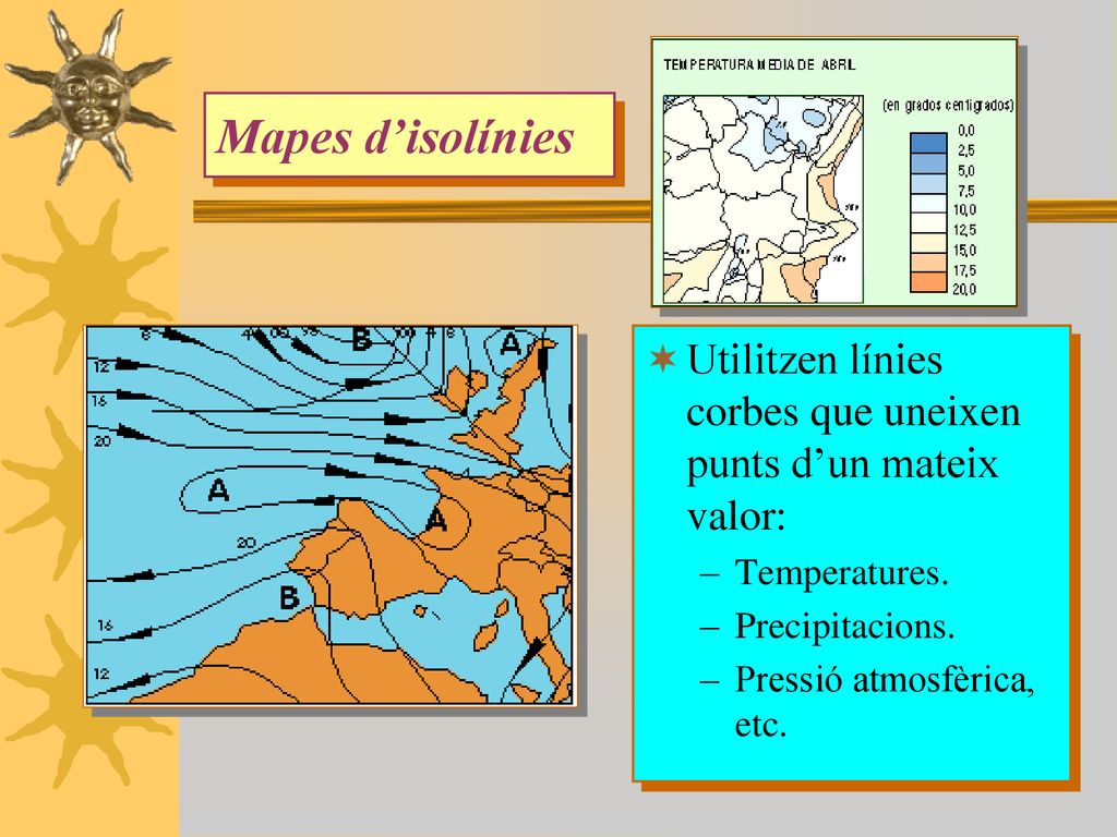 Mapes d’isolínies Utilitzen línies corbes que uneixen punts d’un mateix valor: Temperatures. Precipitacions.