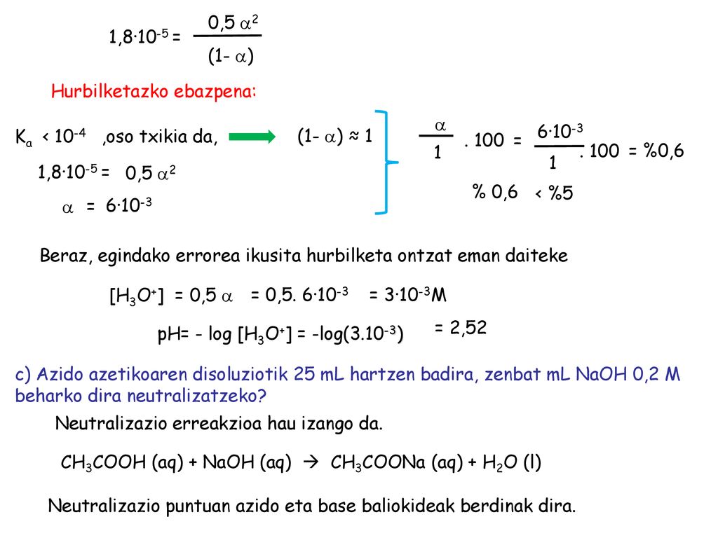 0,5 a2 1,8·10-5 = (1- a) Hurbilketazko ebazpena: a. Ka < ,oso txikia da, (1- a) ≈ 1. 6·10-3.