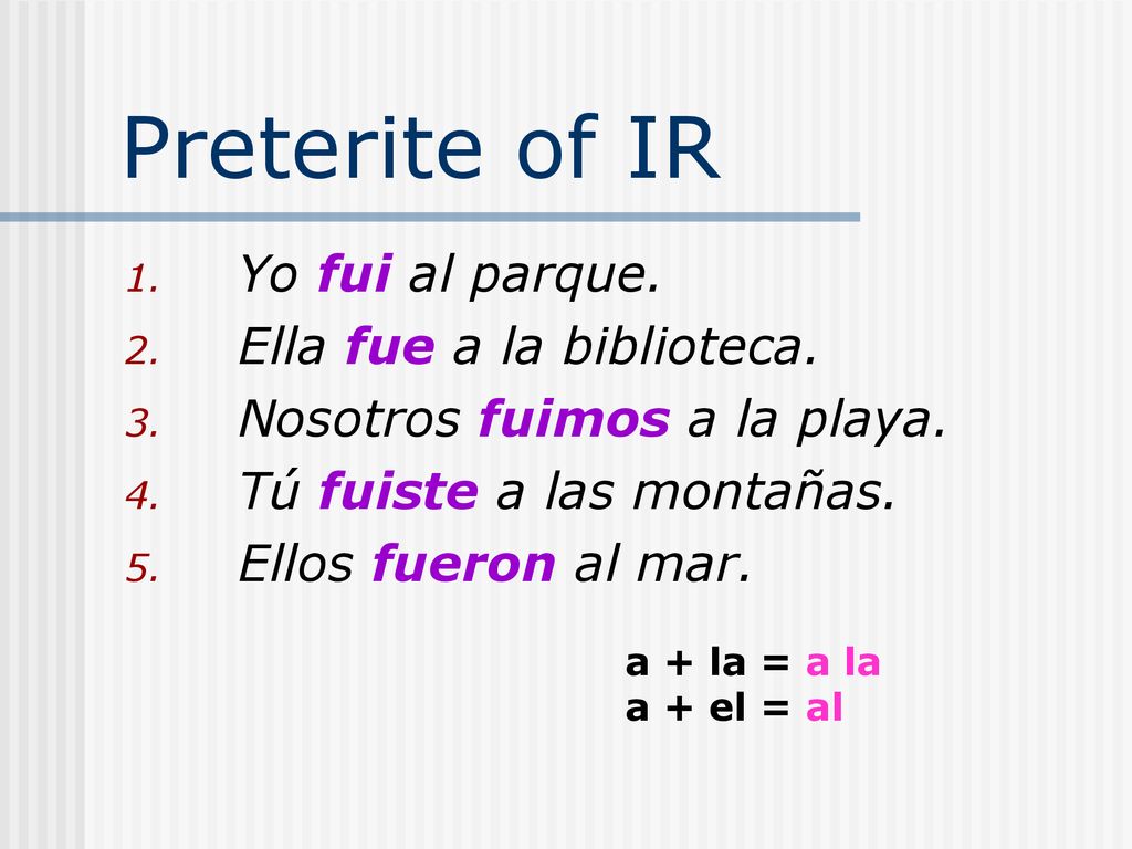Preterite of IR Yo fui al parque. Ella fue a la biblioteca.