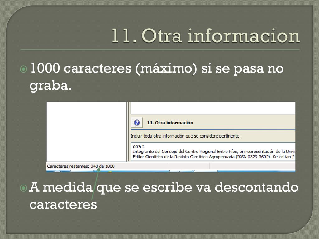 11. Otra informacion 1000 caracteres (máximo) si se pasa no graba.