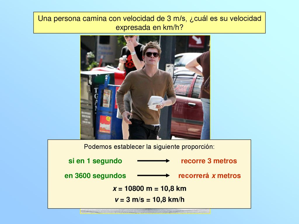 Una persona camina con velocidad de 3 m/s, ¿cuál es su velocidad