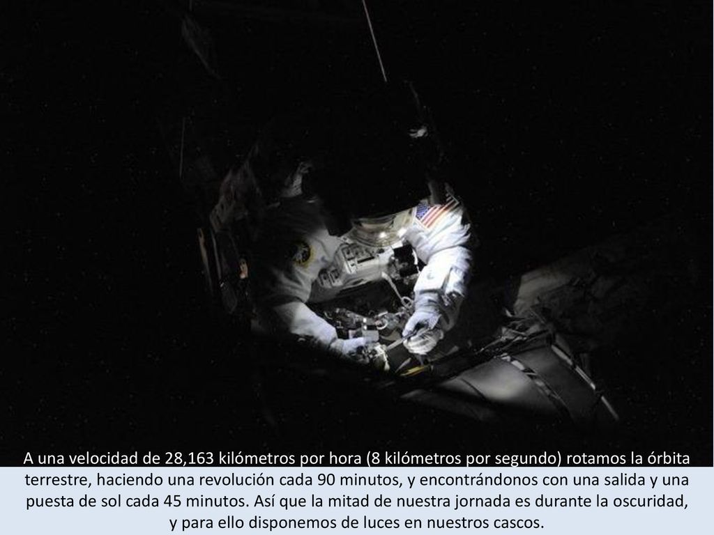 A una velocidad de 28,163 kilómetros por hora (8 kilómetros por segundo) rotamos la órbita terrestre, haciendo una revolución cada 90 minutos, y encontrándonos con una salida y una puesta de sol cada 45 minutos.
