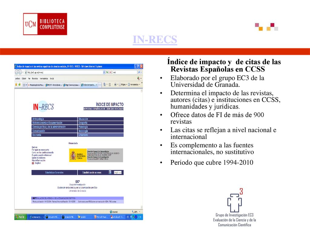 IN-RECS Índice de impacto y de citas de las Revistas Españolas en CCSS