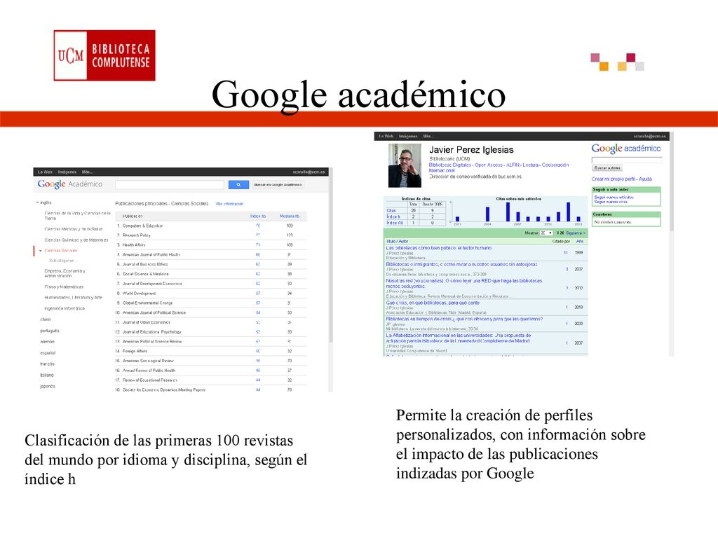 Google académico Permite la creación de perfiles personalizados, con información sobre el impacto de las publicaciones indizadas por Google.