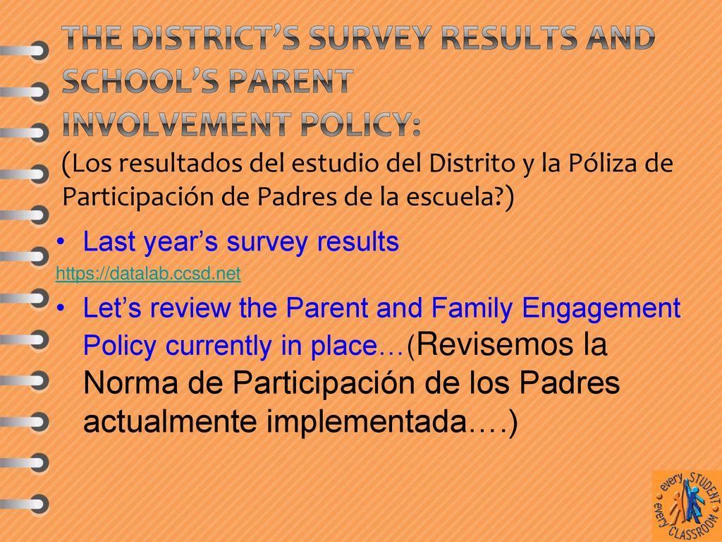 The District’s Survey results and School’s Parent Involvement Policy: (Los resultados del estudio del Distrito y la Póliza de Participación de Padres de la escuela )