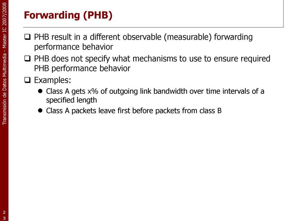Forwarding (PHB) PHB result in a different observable (measurable) forwarding performance behavior.
