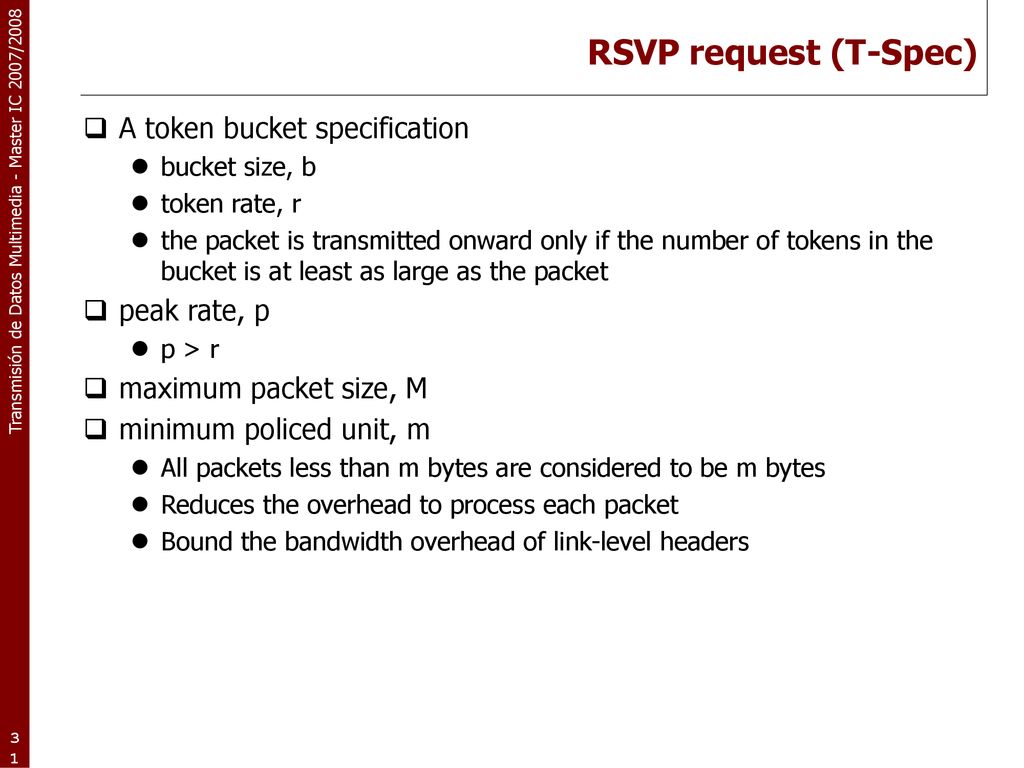 RSVP request (T-Spec) A token bucket specification peak rate, p