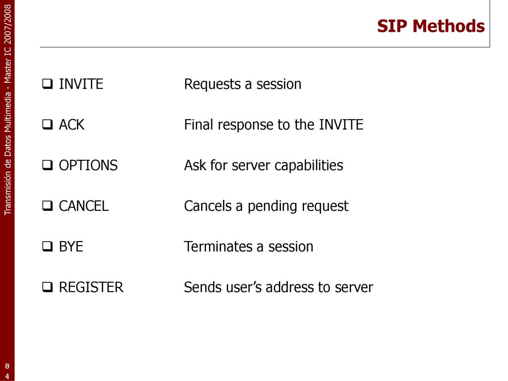 SIP Methods INVITE Requests a session ACK Final response to the INVITE