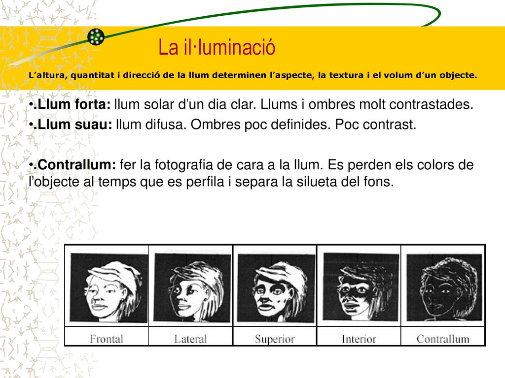 La il·luminació L’altura, quantitat i direcció de la llum determinen l’aspecte, la textura i el volum d’un objecte.