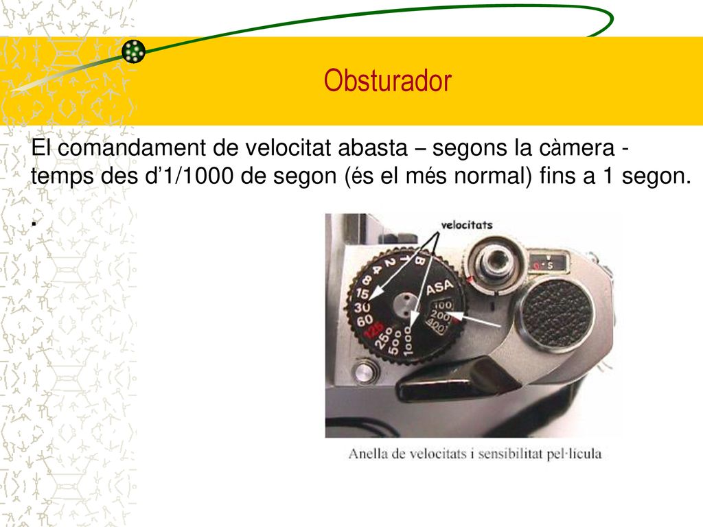 Obsturador El comandament de velocitat abasta – segons la càmera - temps des d’1/1000 de segon (és el més normal) fins a 1 segon.