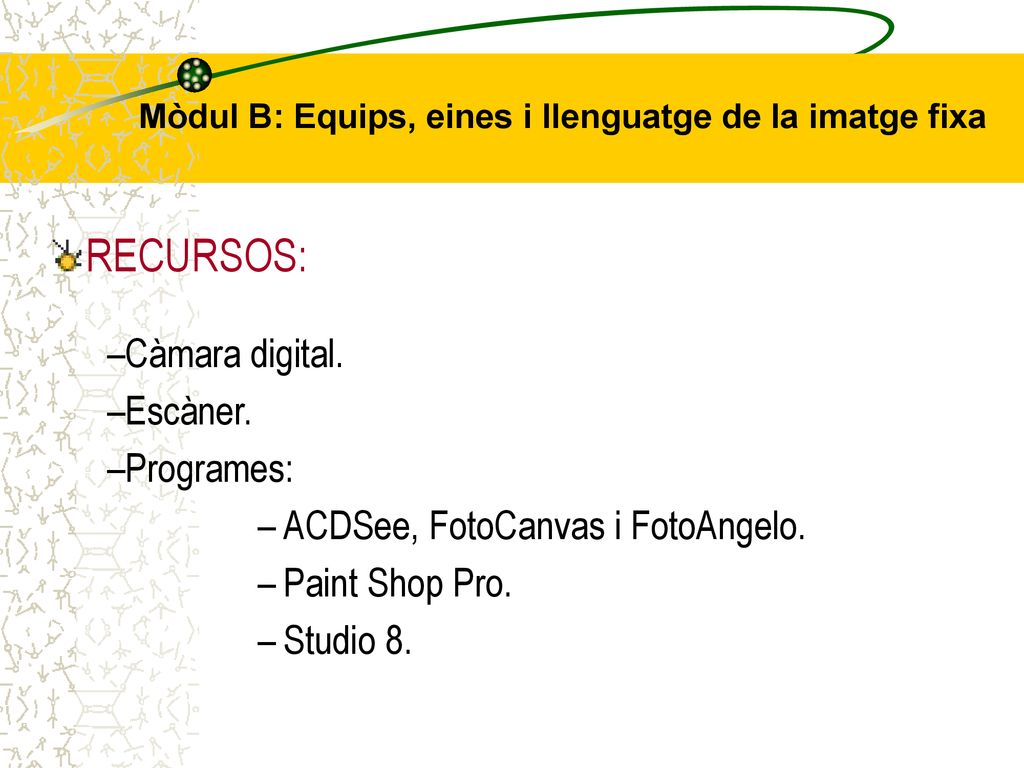 Mòdul B: Equips, eines i llenguatge de la imatge fixa