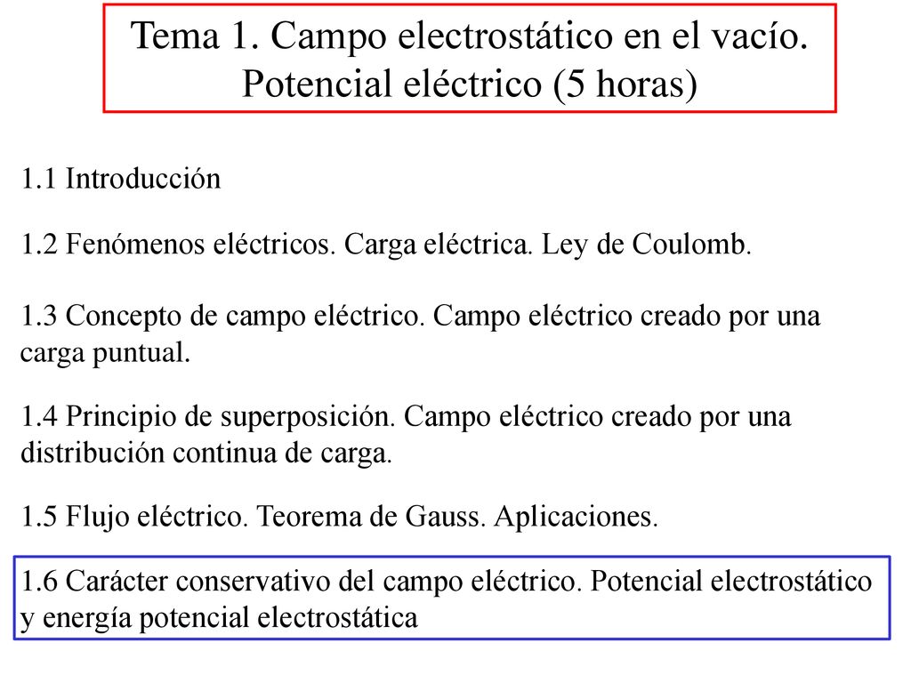 Tema 1. Campo electrostático en el vacío. Potencial eléctrico (5 horas)