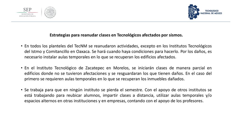 Estrategias para reanudar clases en Tecnológicos afectados por sismos.