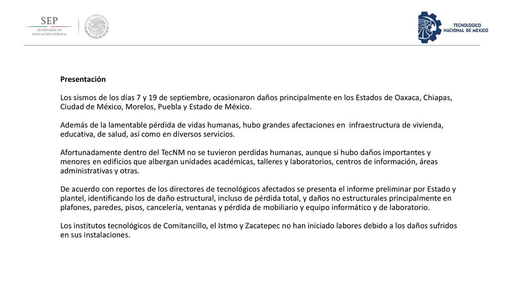 Presentación Los sismos de los días 7 y 19 de septiembre, ocasionaron daños principalmente en los Estados de Oaxaca, Chiapas, Ciudad de México, Morelos, Puebla y Estado de México.