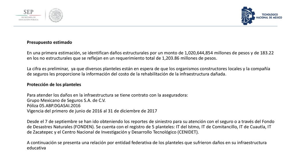 Presupuesto estimado En una primera estimación, se identifican daños estructurales por un monto de 1,020,644,854 millones de pesos y de en los no estructurales que se reflejan en un requerimiento total de 1, millones de pesos.