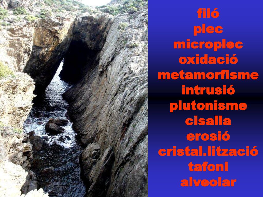 filó plec. microplec. oxidació. metamorfisme. intrusió. plutonisme. cisalla. erosió. cristal.lització.