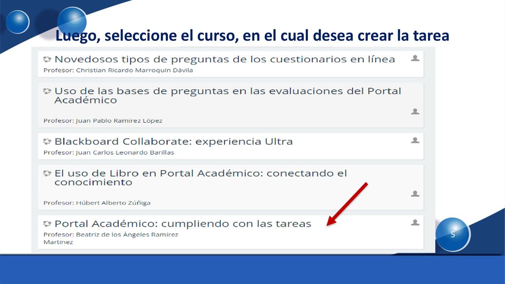 Luego, seleccione el curso, en el cual desea crear la tarea